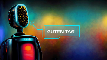 Robot like figure and a speech bubble saying Guten Tag