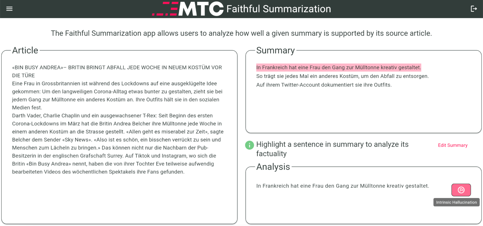 Screenshot of the MTC fact-aware demo application.